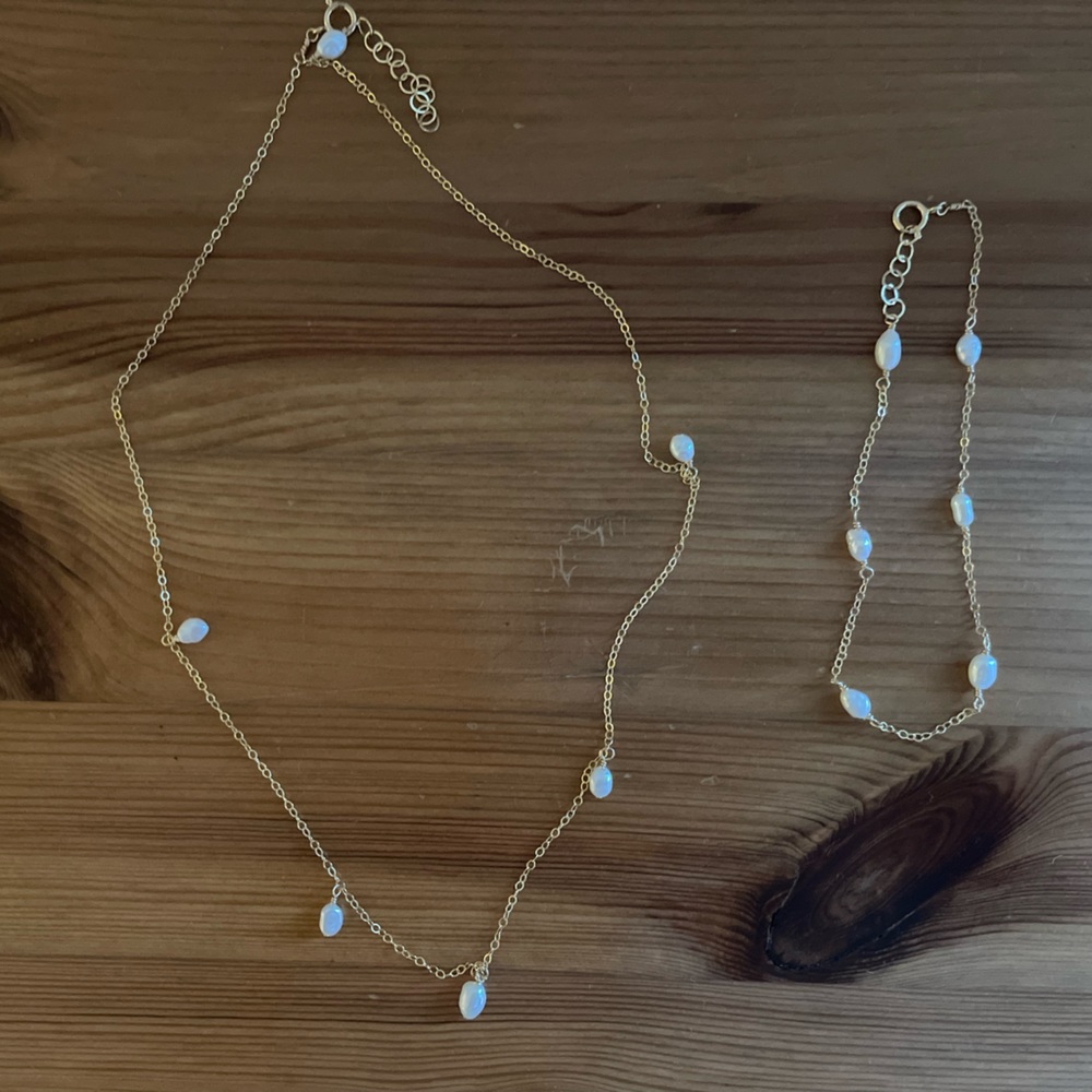14k Gold Filled Keshi Pearl Dangle Necklace and Satellite Pearl Bracelet